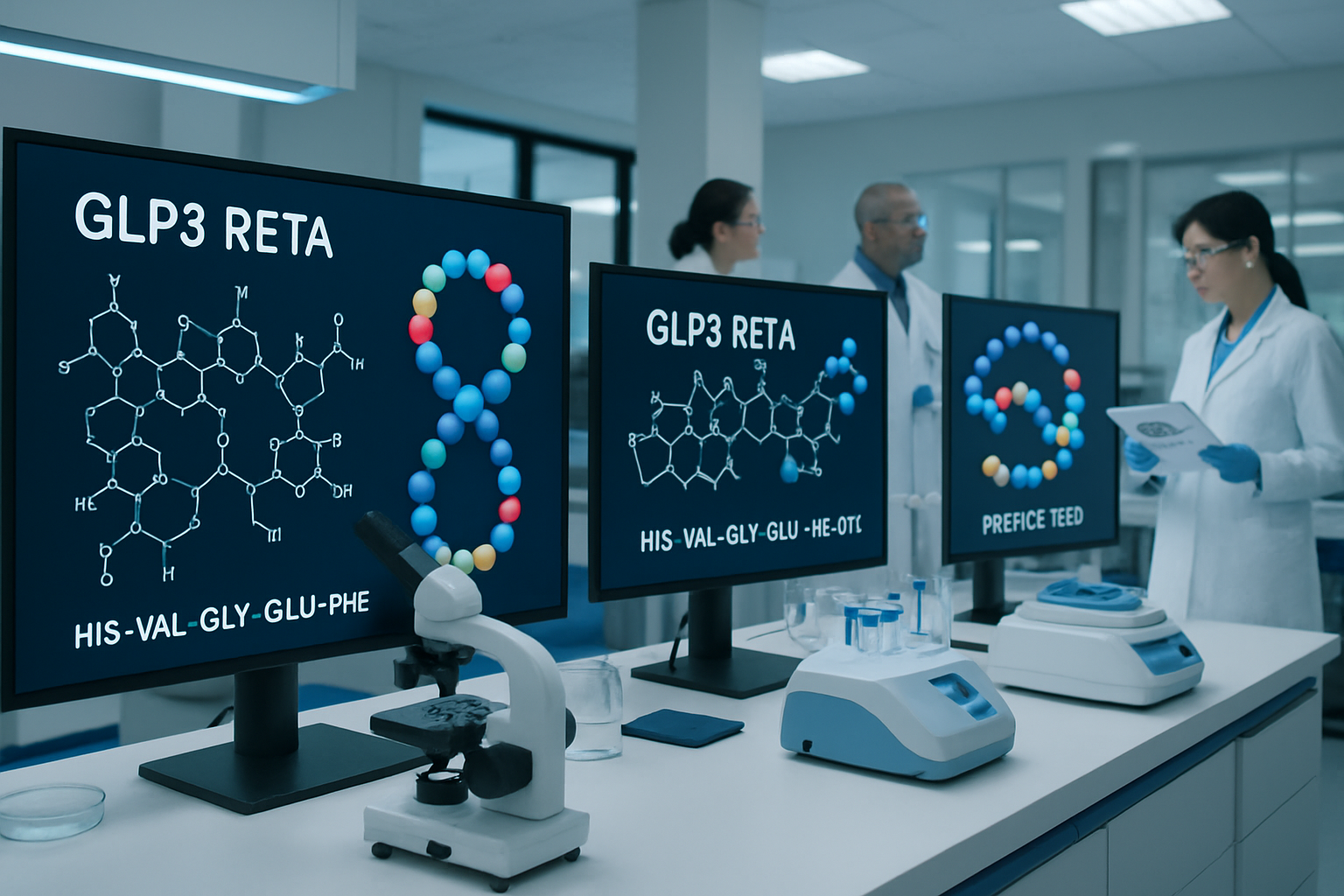 Scientific laboratory scene showing GLP3 RETA molecular structure diagrams on digital displays, peptide chain models, research equipment inc