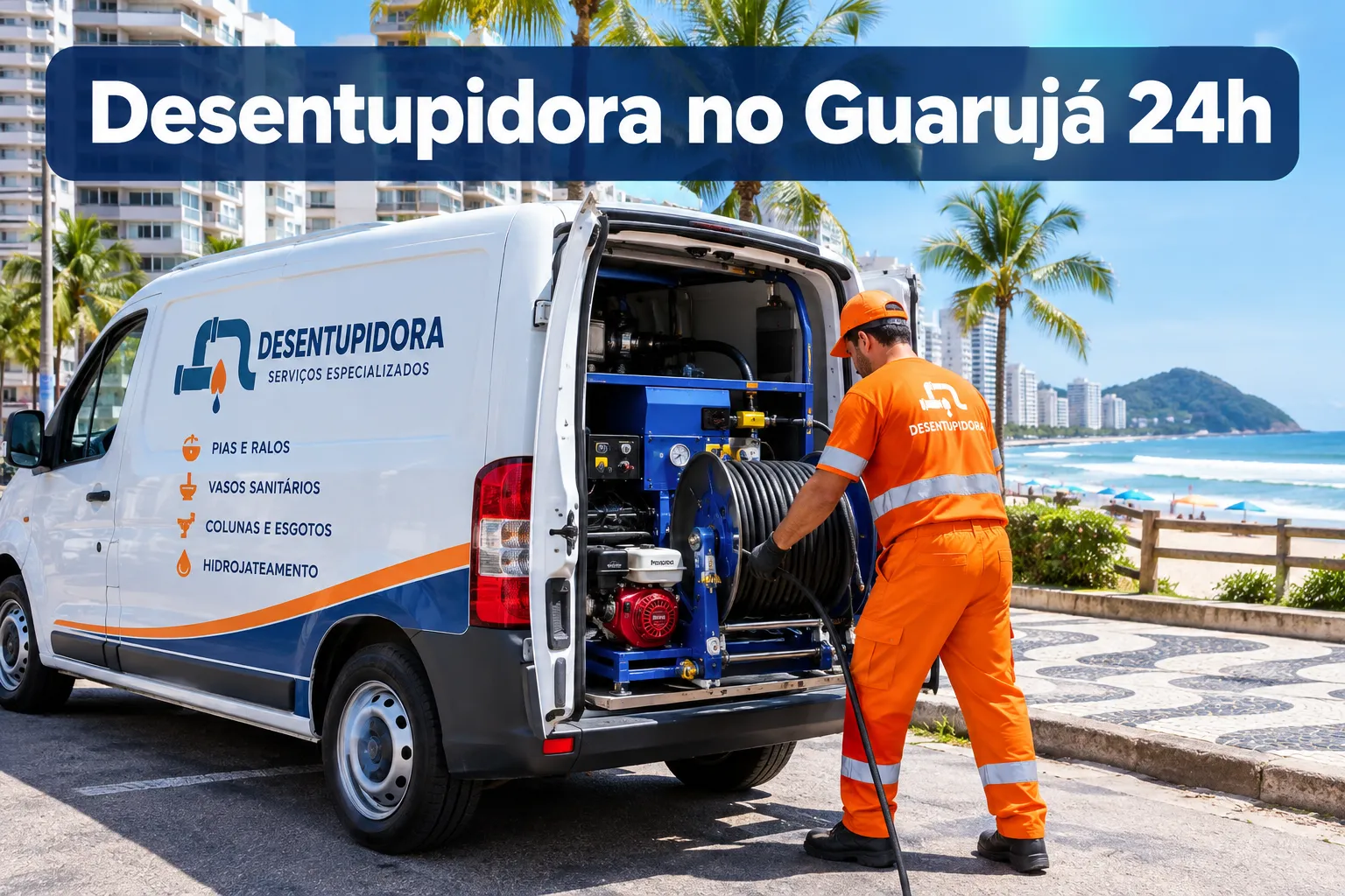 Professional () hero image with SHORT (≤42 chars): 'Desentupidora no Guarujá 24h', white on a dark navy semi-transparent