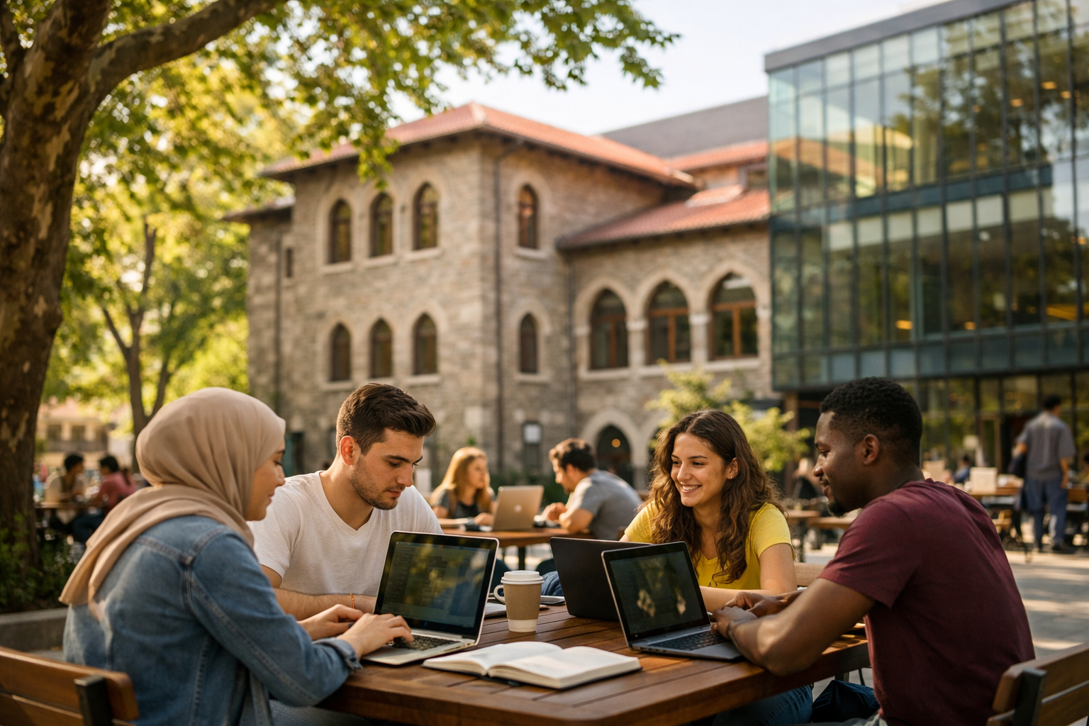 () editorial photograph of a modern Turkish university campus courtyard in Ankara, students from diverse backgrounds