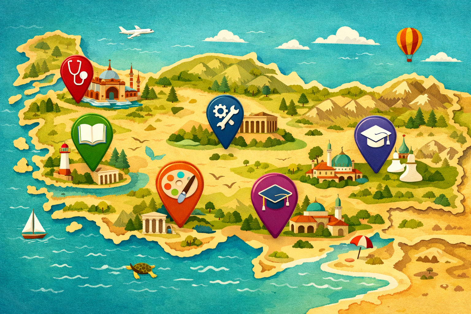 () bird's-eye view illustration style image of a colorful map of Turkey with university icons pinned across major cities