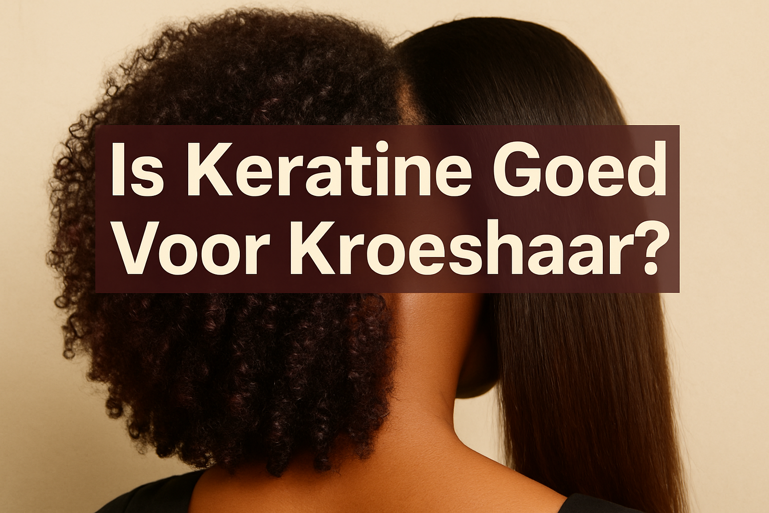 Professional landscape hero image (1536x1024) featuring bold text overlay 'Is Keratine Goed Voor Kroeshaar?' in extra large 72pt white sans-