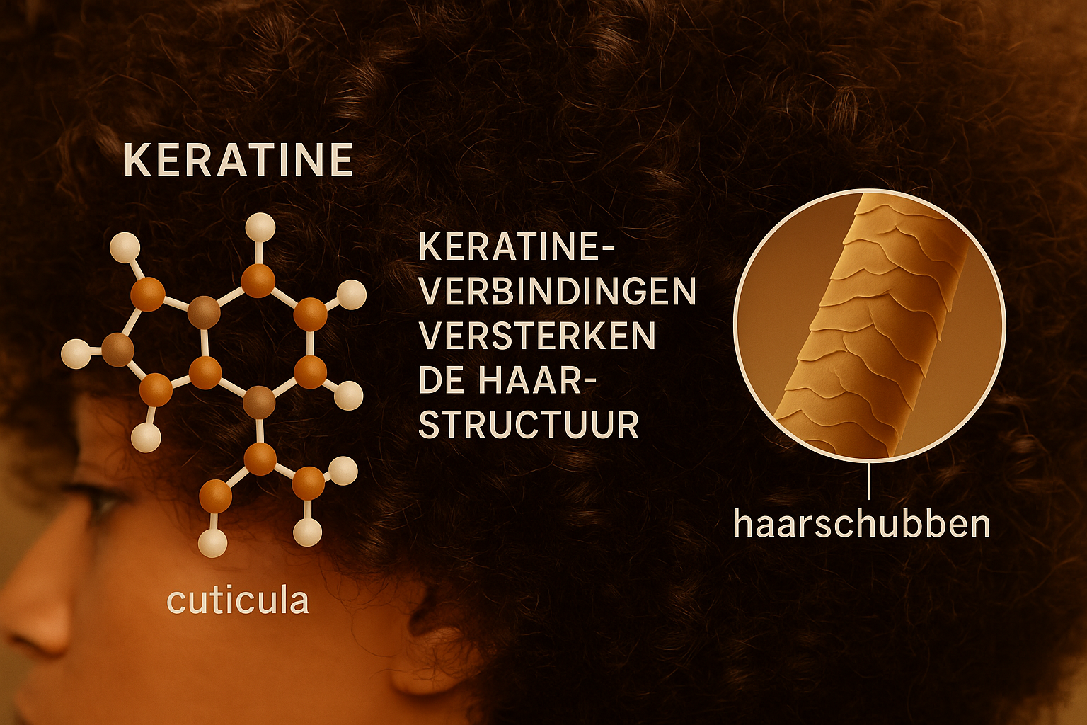 Professional landscape editorial image (1536x1024) showing molecular structure of keratin protein overlaid on close-up of curly afro hair st