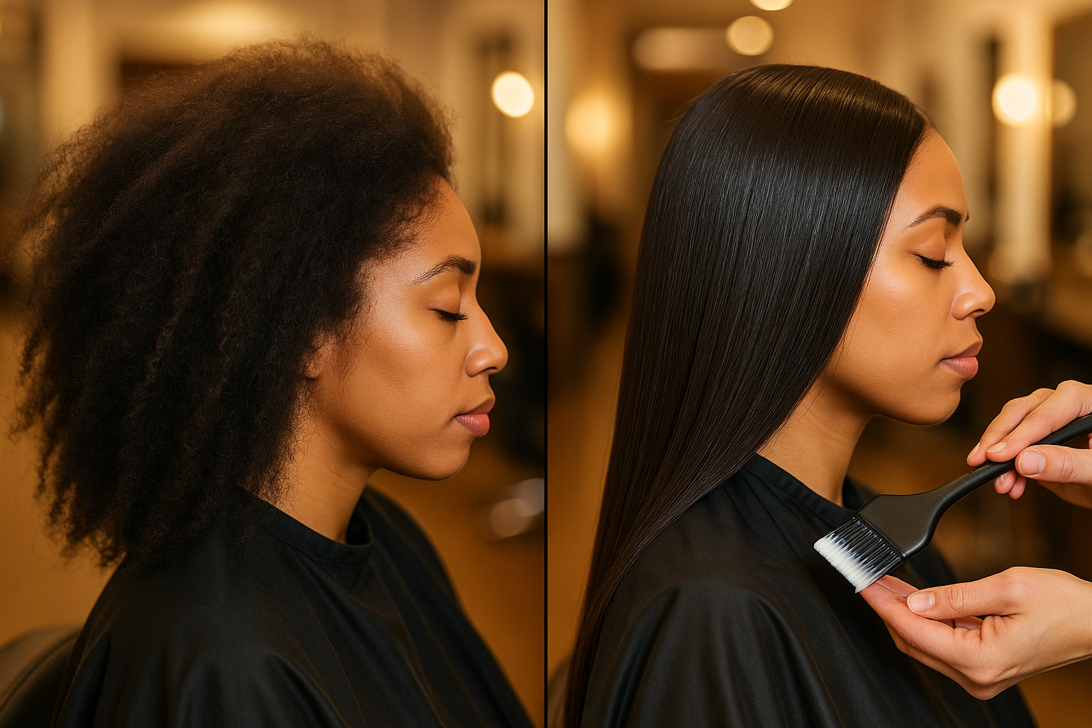 Detailed before-and-after split-screen image (1536x1024) showing natural kroeshaar on left side with visible frizz and curls, transformed sm