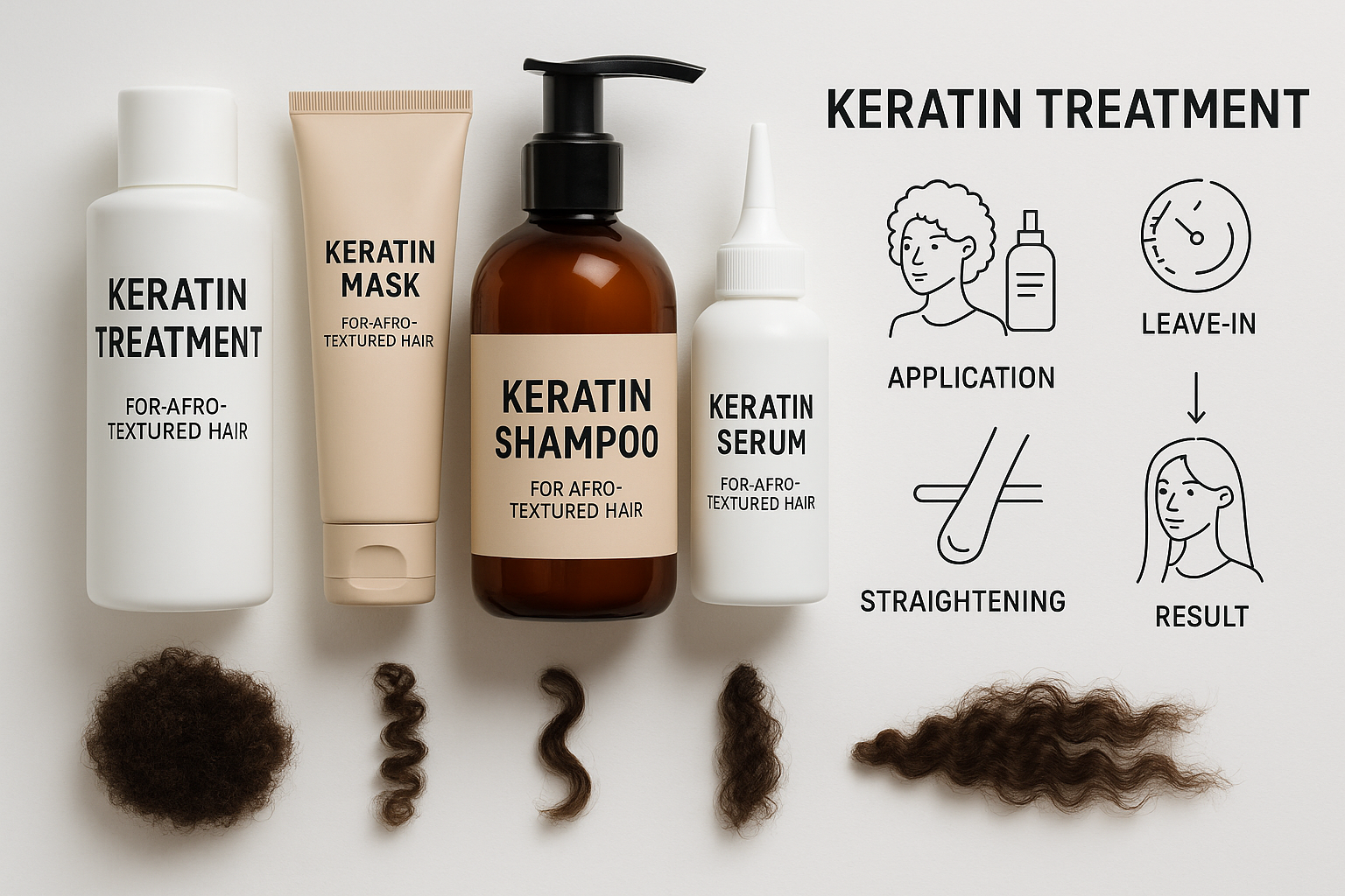 Professional landscape image (1536x1024) displaying various keratin treatment products specifically for afro-textured hair, including bottle