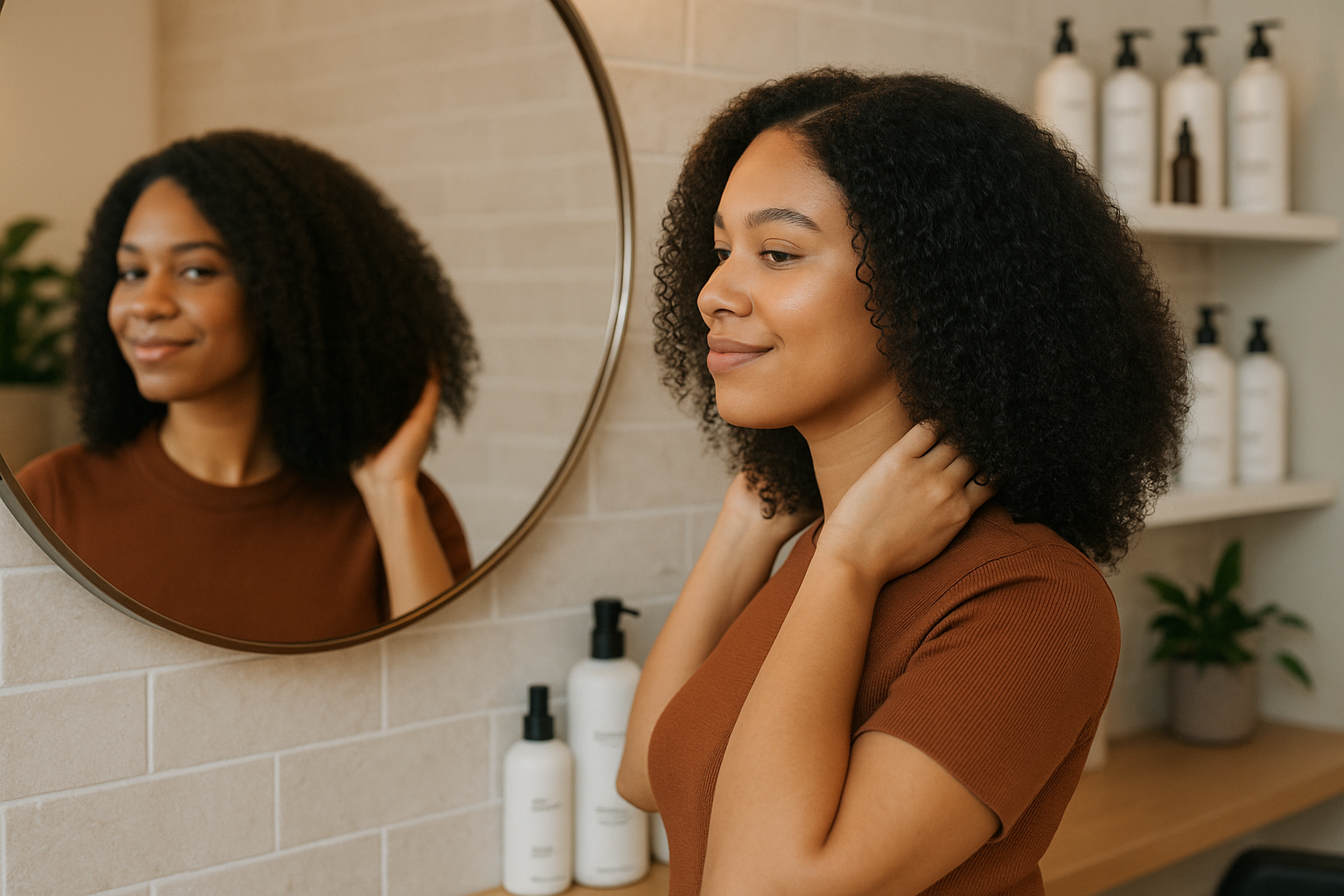 Lifestyle editorial image (1536x1024) showing diverse woman with beautiful treated kroeshaar looking in mirror with satisfied expression, ha