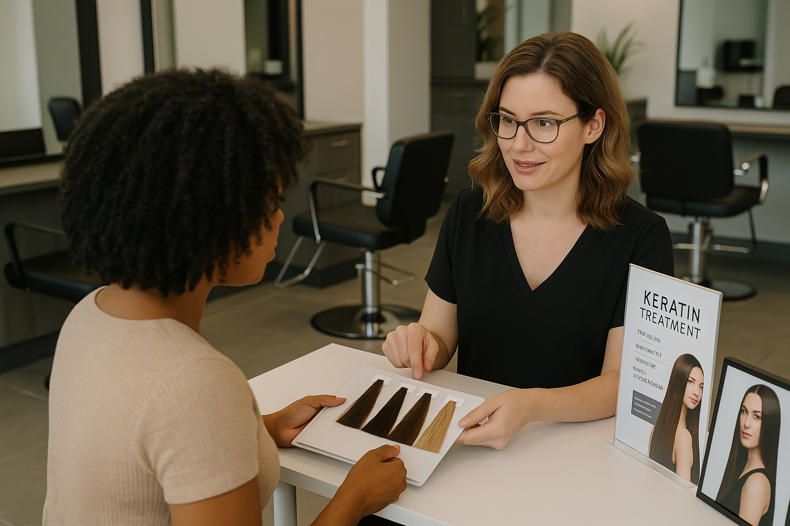 Professional salon scene landscape image (1536x1024) with hair care specialist consulting client with kroeshaar, showing hair samples and tr