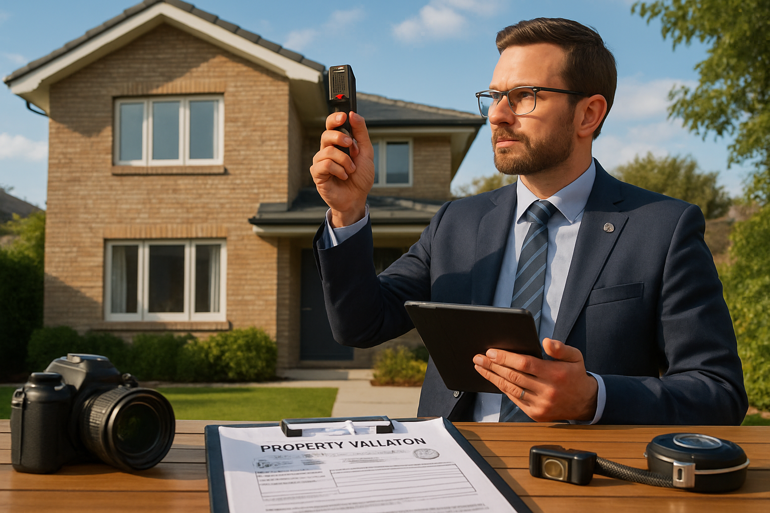 Detailed landscape illustration (1536x1024) showing professional property valuer in business attire examining residential home exterior with