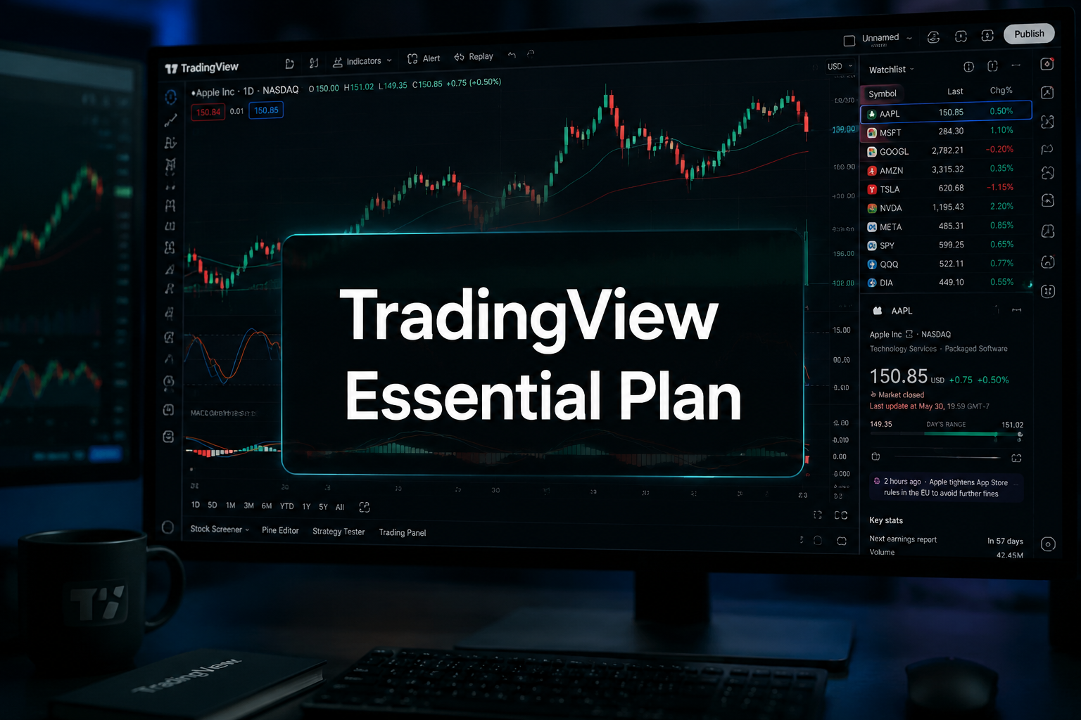 TradingView Essential plan chart layout with a watchlist and stock details panel