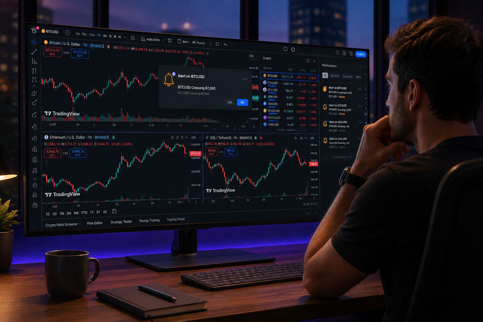 Trader watching TradingView crypto charts as a price alert notification fires