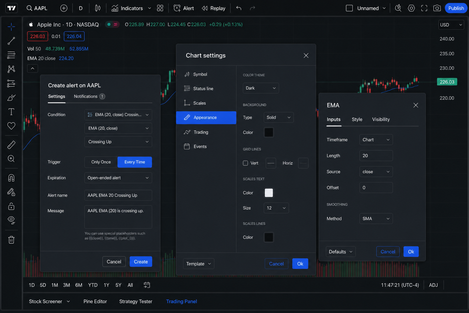 TradingView alert setup for an EMA crossover, alongside chart and indicator settings