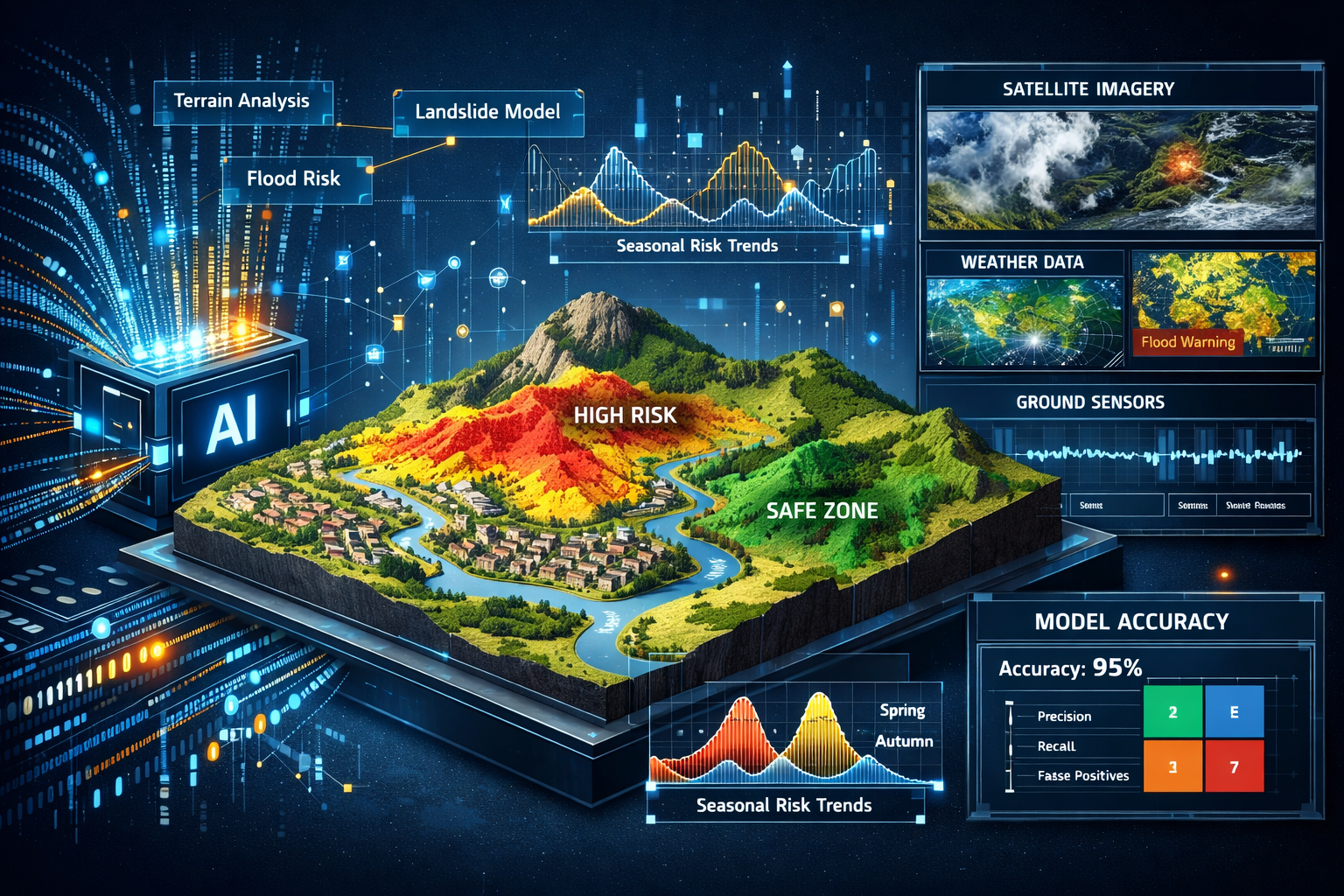 Landscape format (1536x1024) detailed illustration showing AI processing massive property datasets with visual representation of neural netw