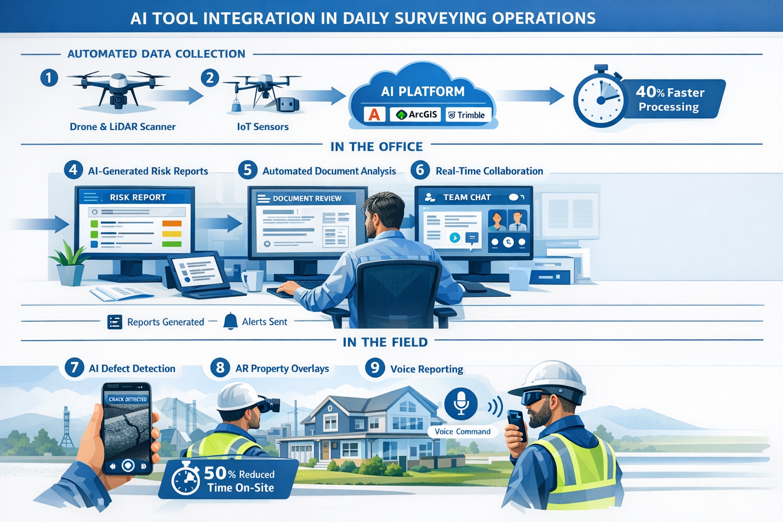 Landscape format (1536x1024) comprehensive workflow diagram showing AI tool integration in daily surveying operations. Top section displays