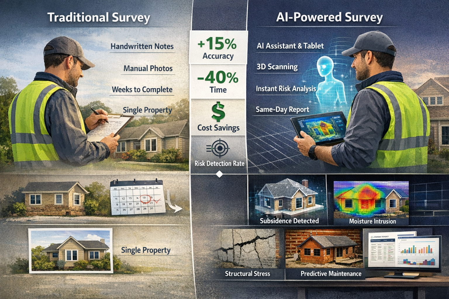 Landscape format (1536x1024) split-screen comparison showing traditional vs AI-enhanced property surveying outcomes. Left half displays trad