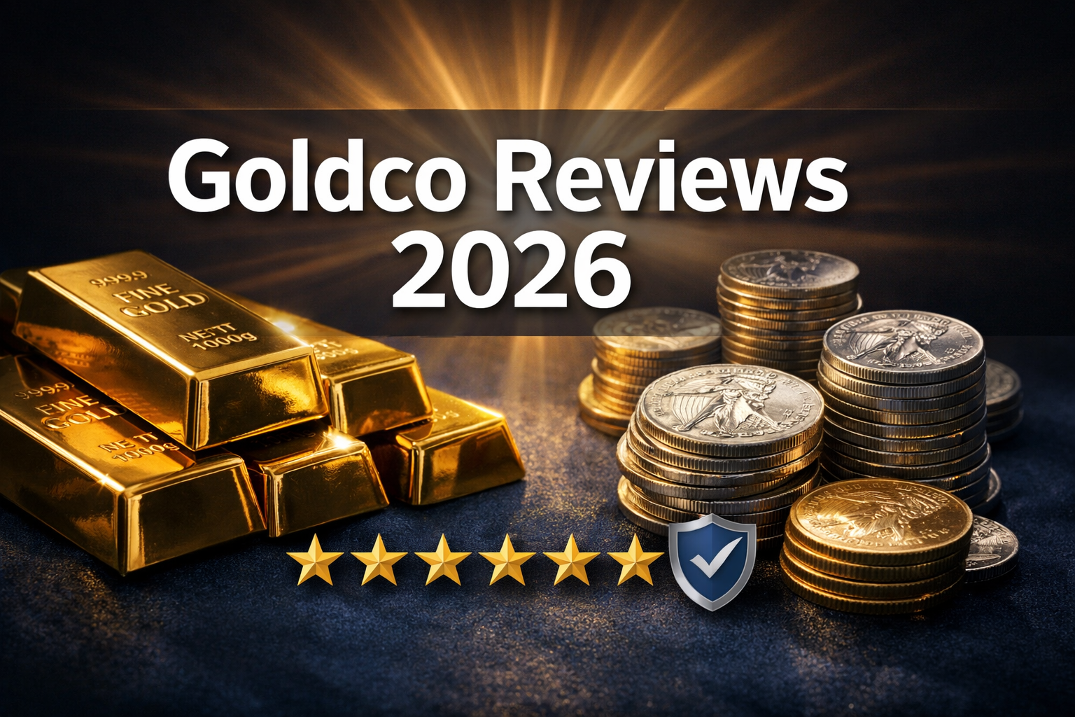 Professional () hero image featuring 'Goldco Reviews 2026' in extra large white with deep effect, centered in upper third of