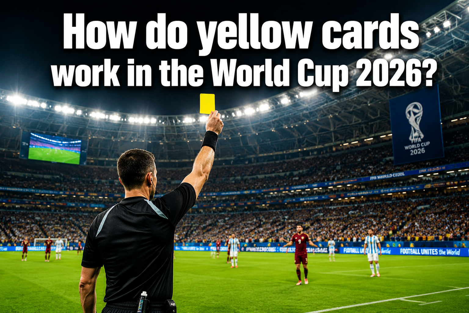 Professional () hero image featuring 'How do yellow cards work in the World Cup 2026?' in extra large white with dark ,