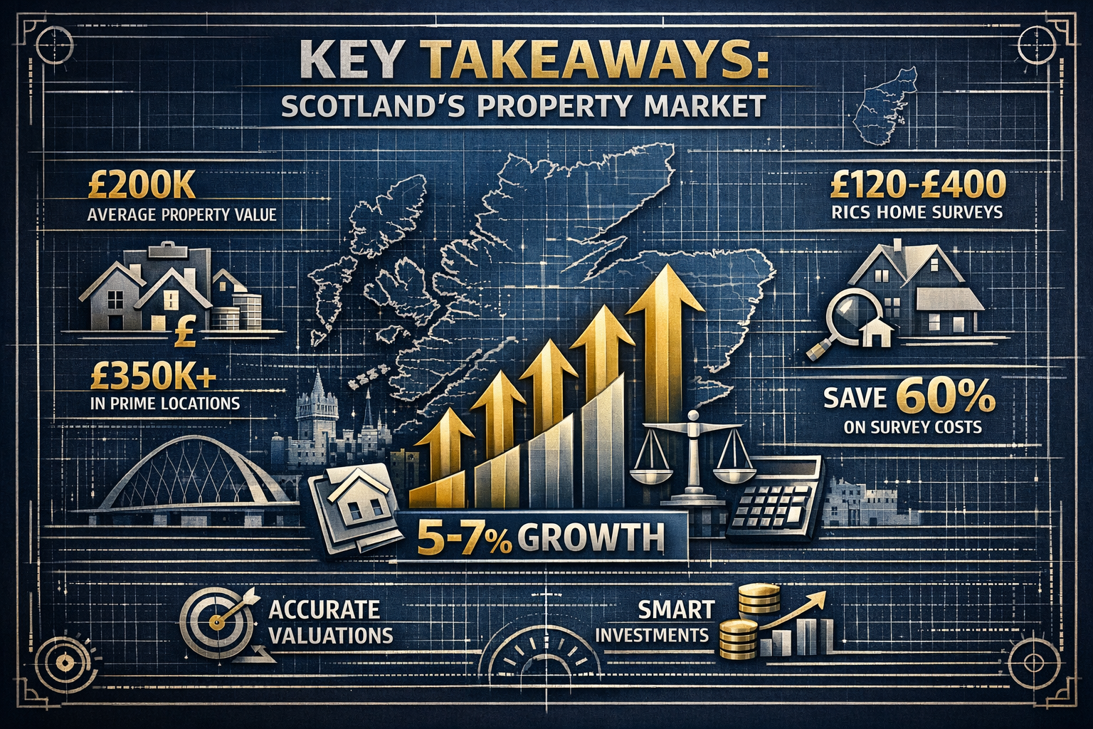 Key Takeaways infographic with bold architectural blueprint overlay, featuring Scotland's property market silhouette. Central graphic shows
