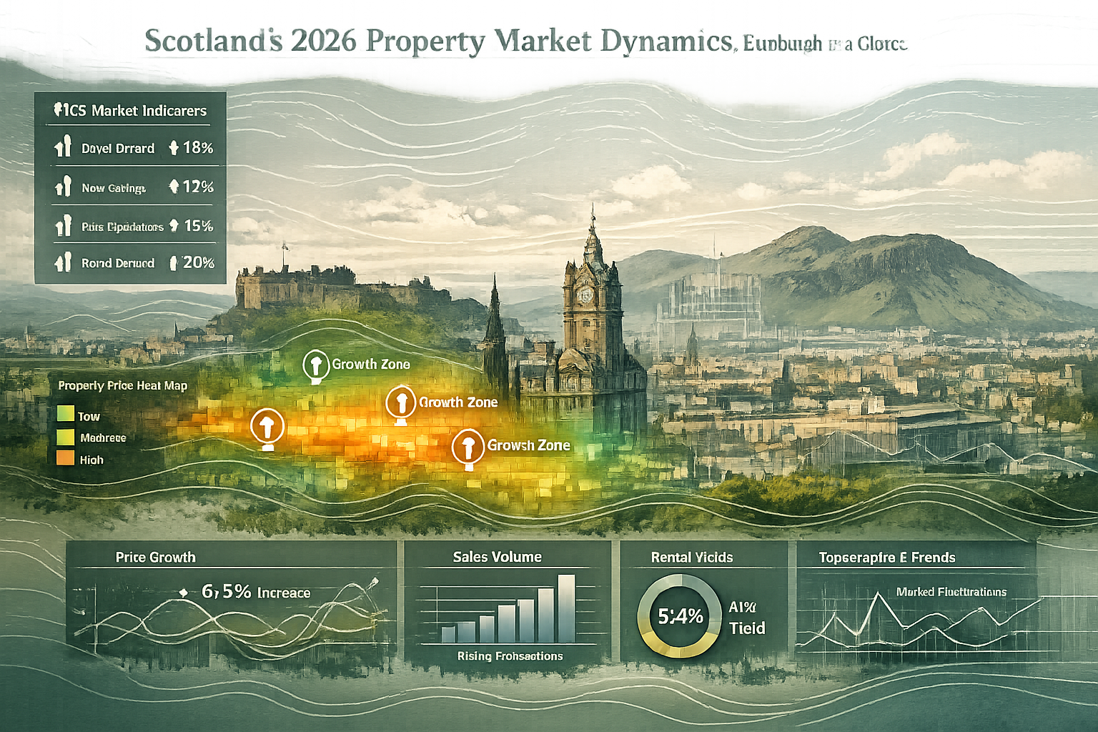 Scotland's 2026 Property Market Dynamics visualization depicting Edinburgh skyline with transparent economic overlay. Graphical representati