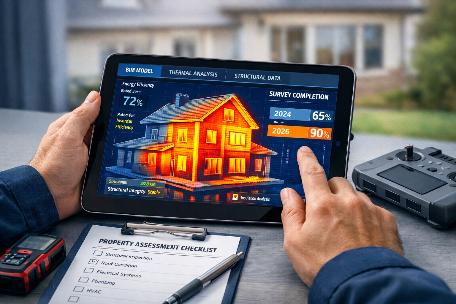 Detailed () editorial image showing close-up of surveyor's hands holding advanced digital tablet displaying 3D building