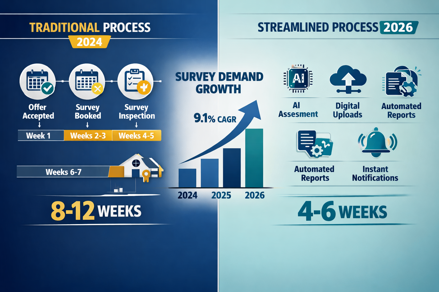 Comprehensive () infographic-style image displaying split-screen comparison of property transaction timelines. Left side