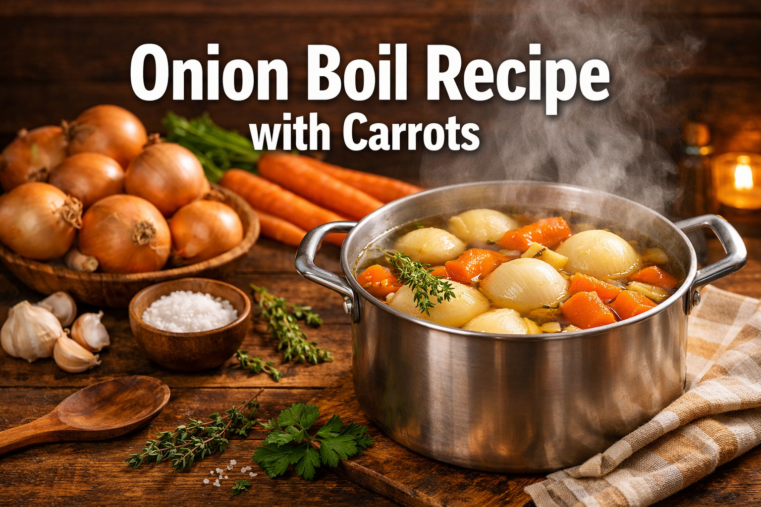 Professional landscape hero image (1536x1024) featuring bold text overlay 'Onion Boil Recipe with Carrots' in extra large 72pt white sans-se
