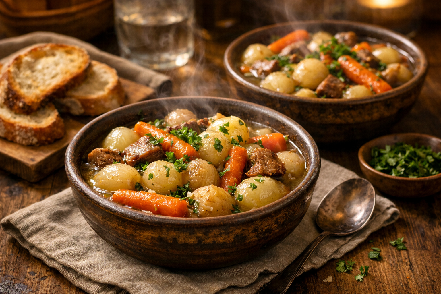 Landscape food photography (1536x1024) displaying finished onion boil with carrots in rustic serving bowls, tender vegetables glistening wit