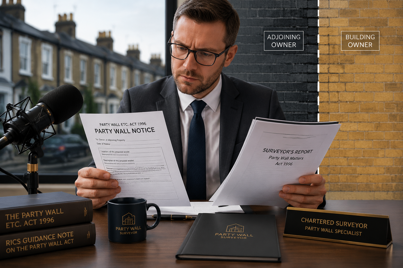Wide-angle editorial photograph showing a professional party wall surveyor in a suit reviewing legal documents and a party