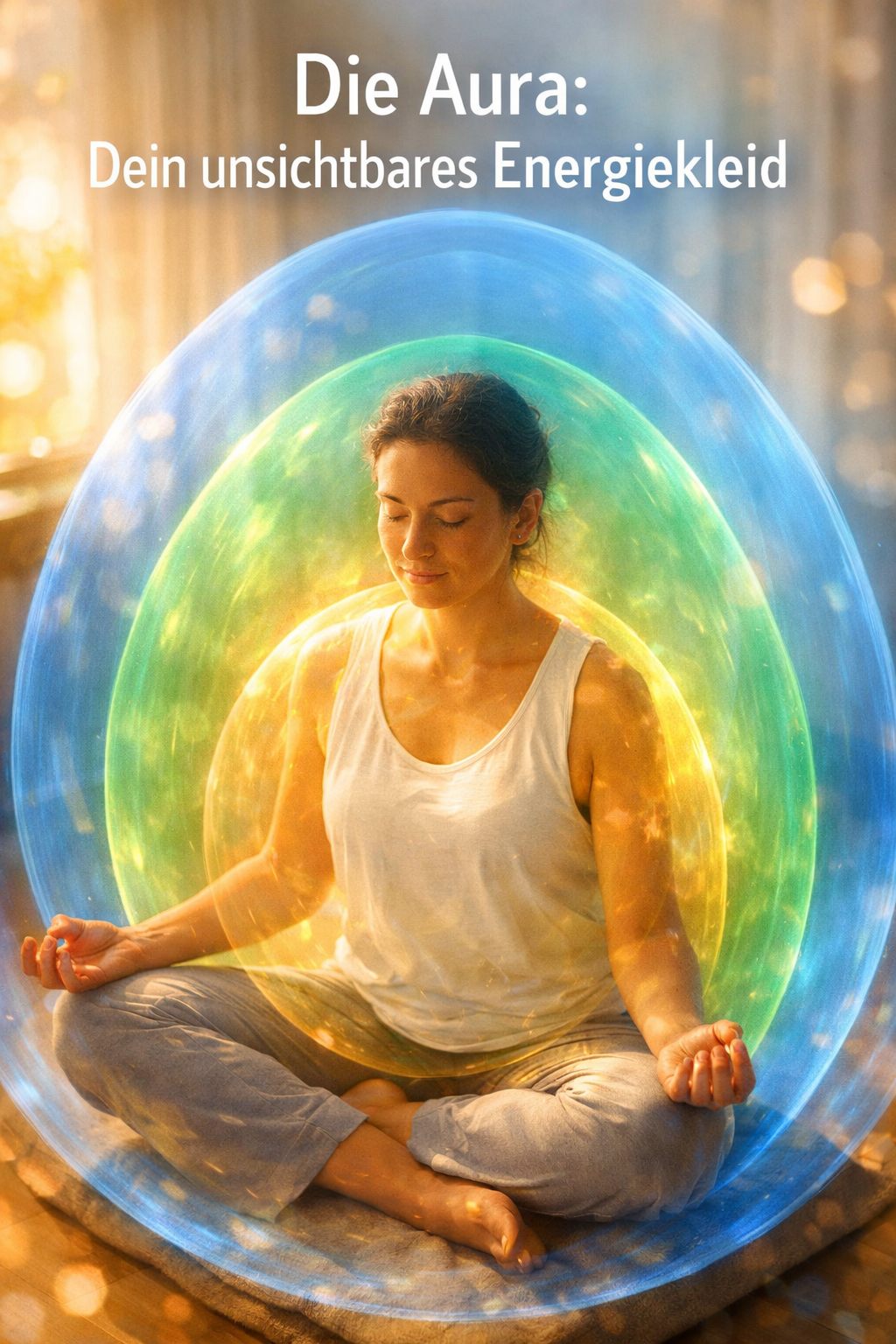 Portrait/Pinterest format () showing a close-up of a meditating person seated cross-legged, viewed from slightly above, with