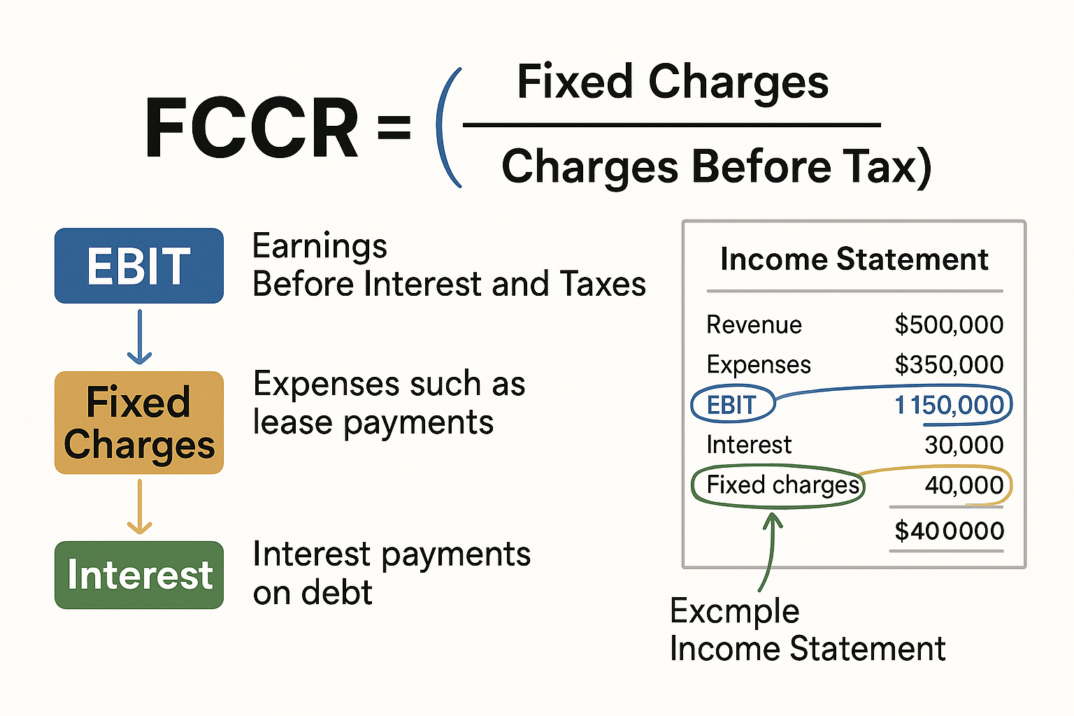 Detailed editorial illustration (1536x1024) showing the mathematical formula for Fixed Charge Coverage Ratio prominently displayed as 'FCCR