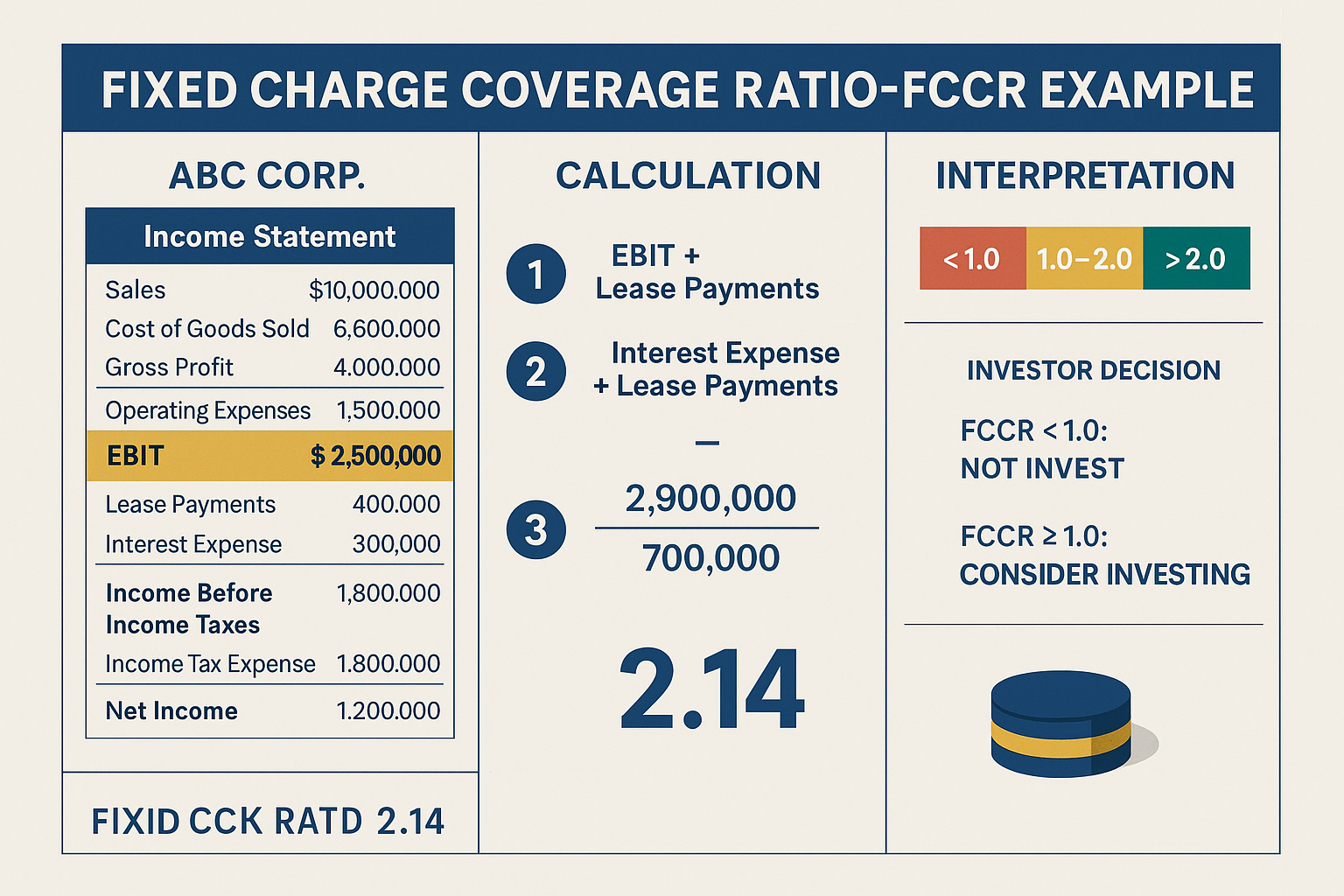 Comprehensive landscape infographic (1536x1024) illustrating real-world Fixed Charge Coverage Ratio calculation example for fictional retail