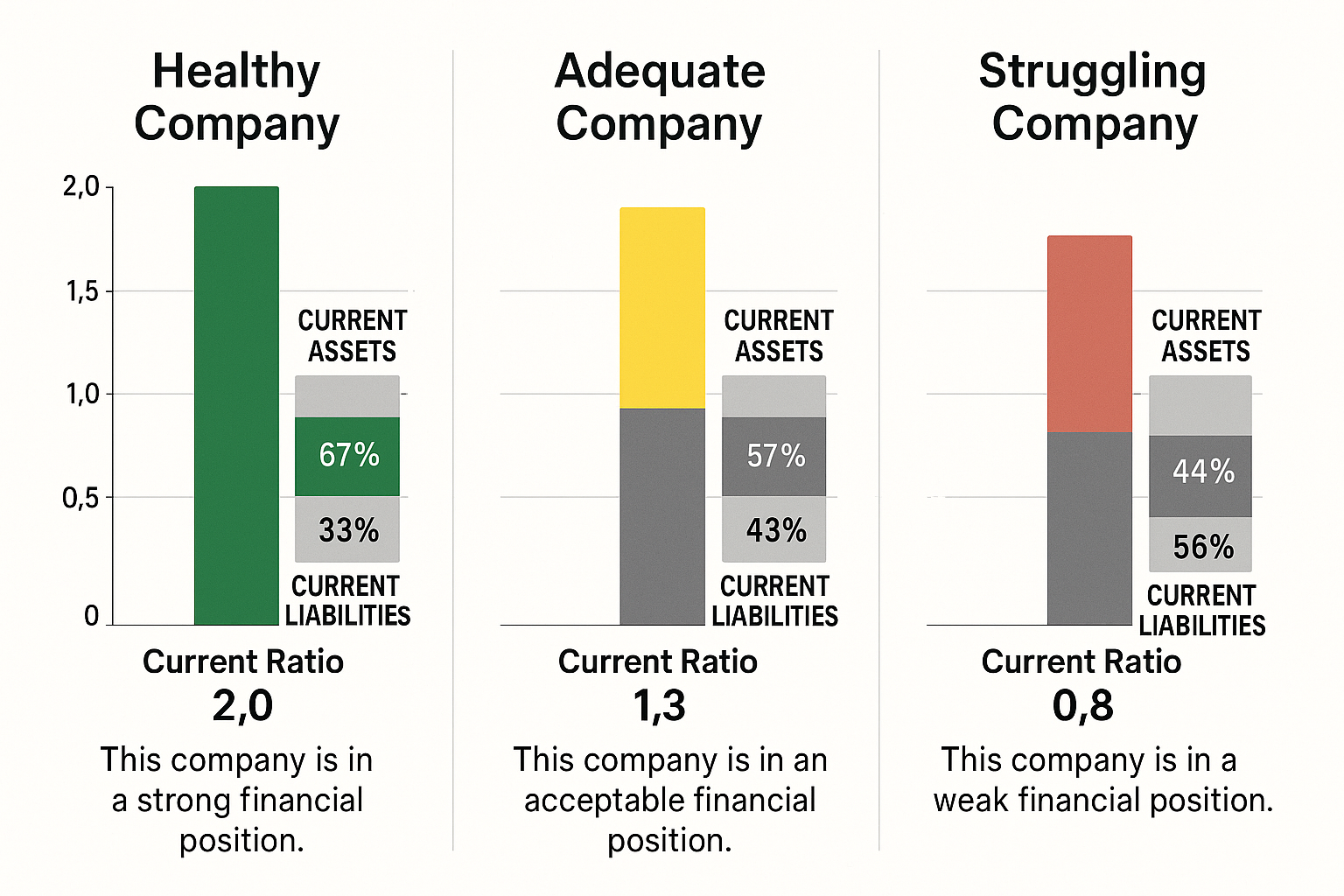 Detailed landscape chart (1536x1024) comparing three company scenarios side-by-side with vertical bar graphs. Left column shows 'Healthy Com