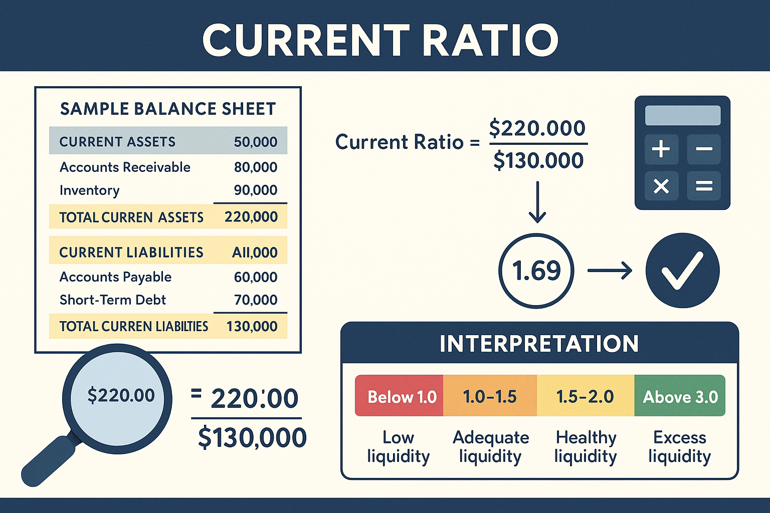 Detailed landscape educational diagram (1536x1024) illustrating real-world Current Ratio analysis process. Top section shows sample balance 