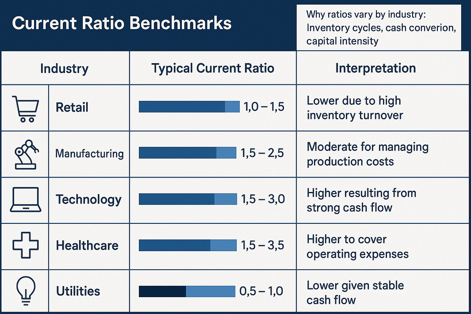 Detailed landscape comparison table (1536x1024) showing Current Ratio benchmarks across different industries. Left column lists industry sec