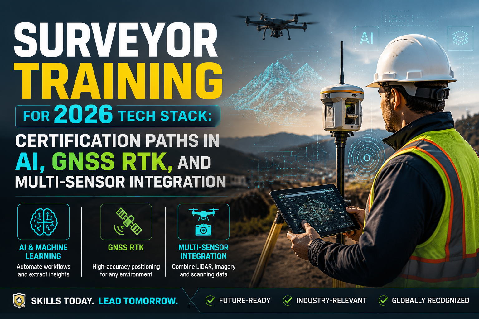 Professional landscape hero image () with : "Surveyor Training for 2026 Tech Stack: Certification Paths in AI, GNSS RTK, and