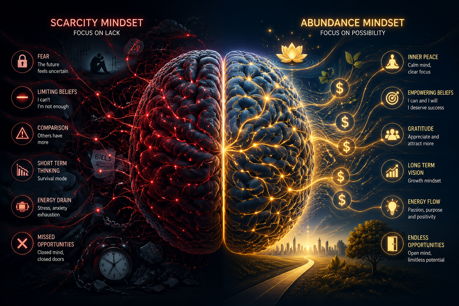 () conceptual illustration showing a human brain split into two halves - left side dark and chaotic with tangled red neural