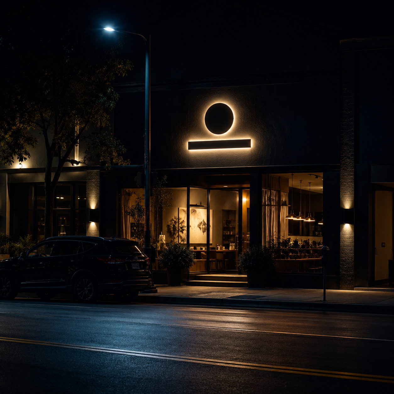 Nighttime street view of a small storefront with a softly glowing halo-lit channel letter sign and warm window light on the sidewalk