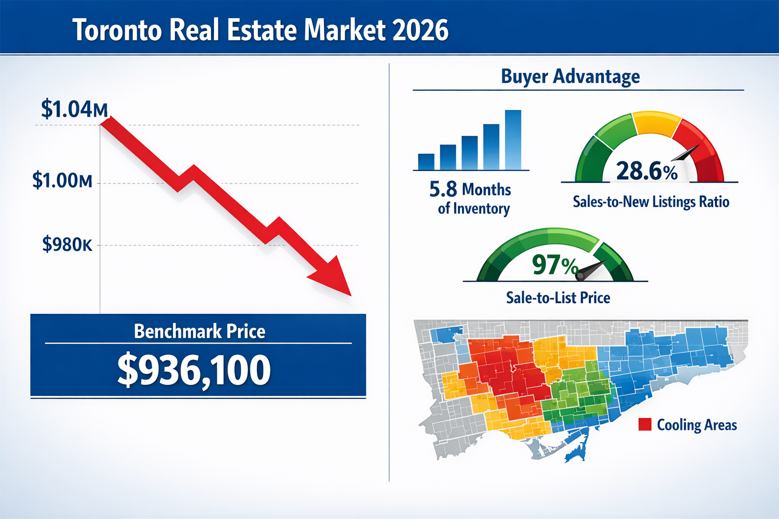 Landscape format (1536x1024) detailed infographic showing Toronto real estate market statistics for 2026. Split-screen composition: left sid
