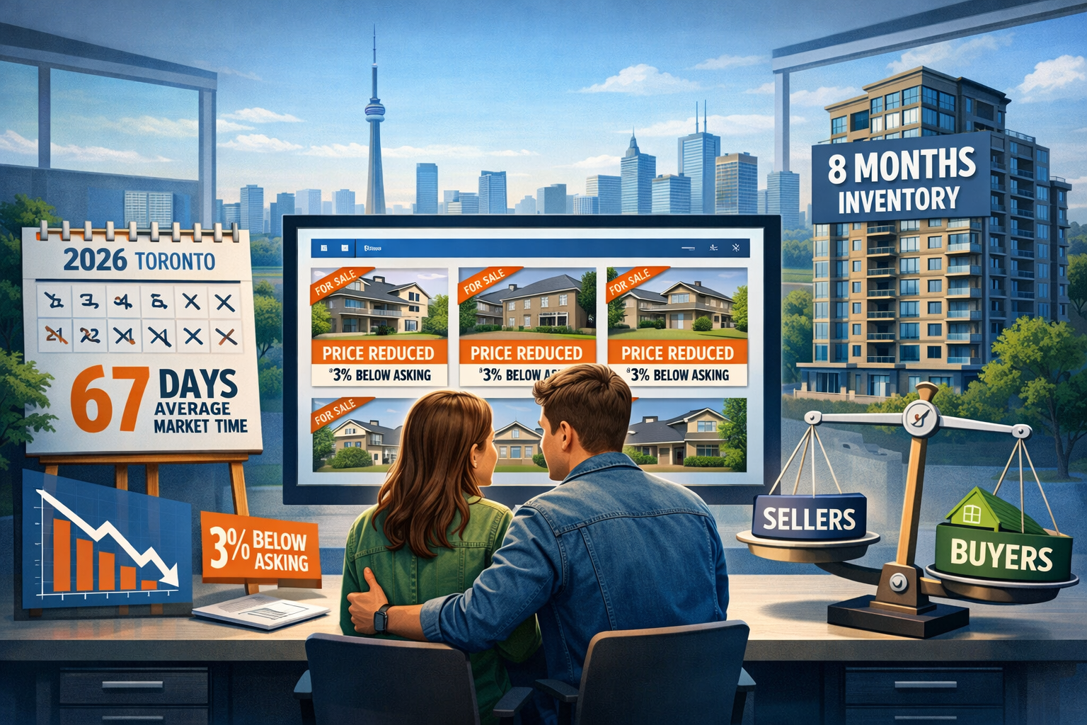 Landscape format (1536x1024) concept illustration depicting negotiation power and reduced competition in 2026 Toronto market. Central focus: