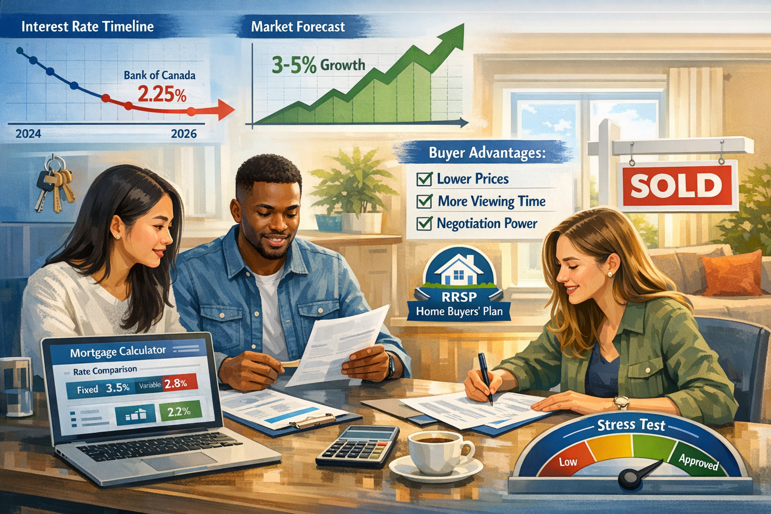 Landscape format (1536x1024) strategic planning visualization for first-time homebuyers in 2026 Toronto market. Foreground: diverse young pr