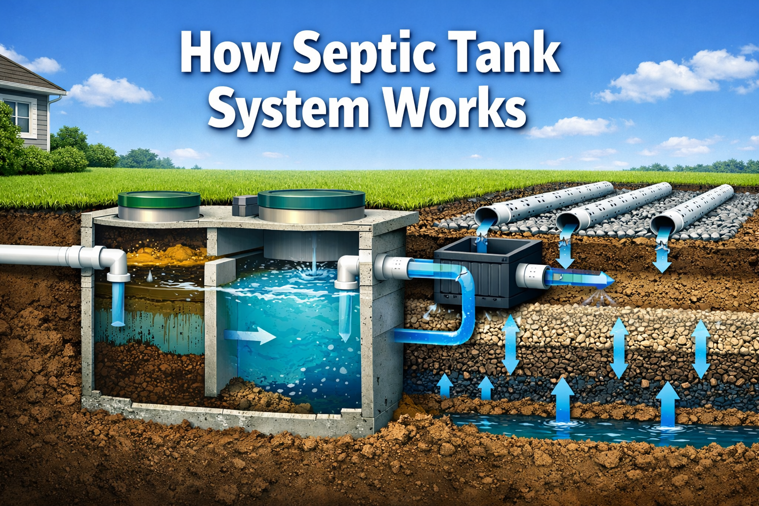 Professional landscape format (1536x1024) hero image featuring bold text overlay 'How Septic Tank System Works' in extra large 72pt white sa
