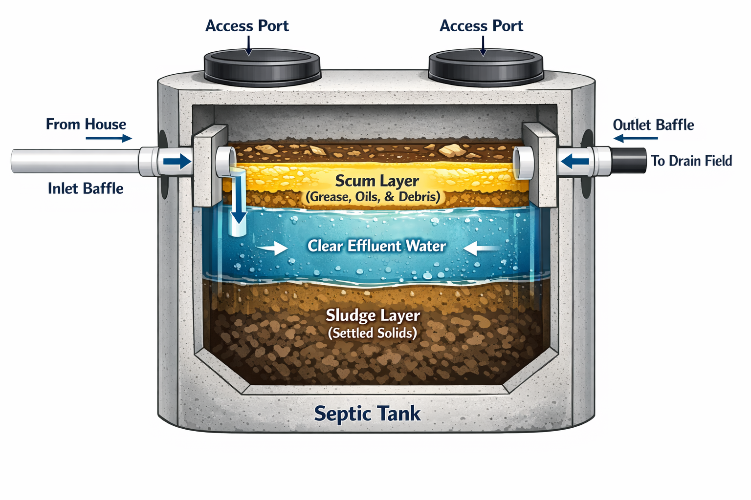 Portrait format (1024x1536) detailed cutaway diagram of septic tank showing three distinct layers - scum layer floating on top, clear efflue