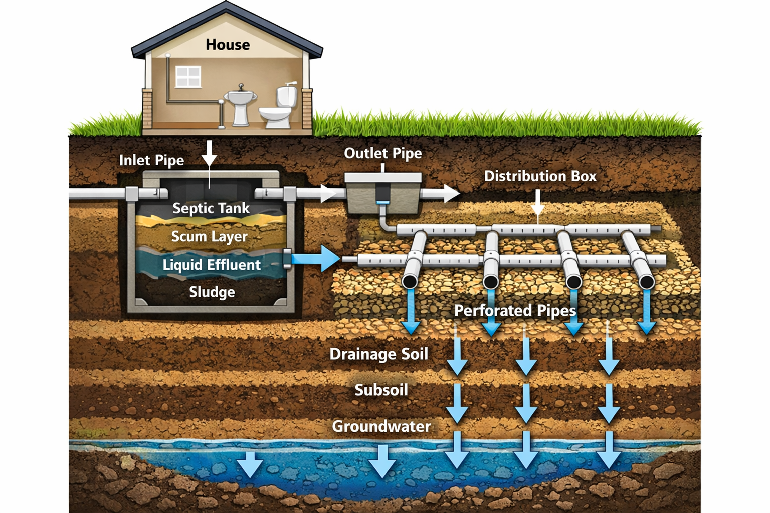 Portrait format (1024x1536) underground cross-section view of complete septic system workflow showing house connected to septic tank via inl
