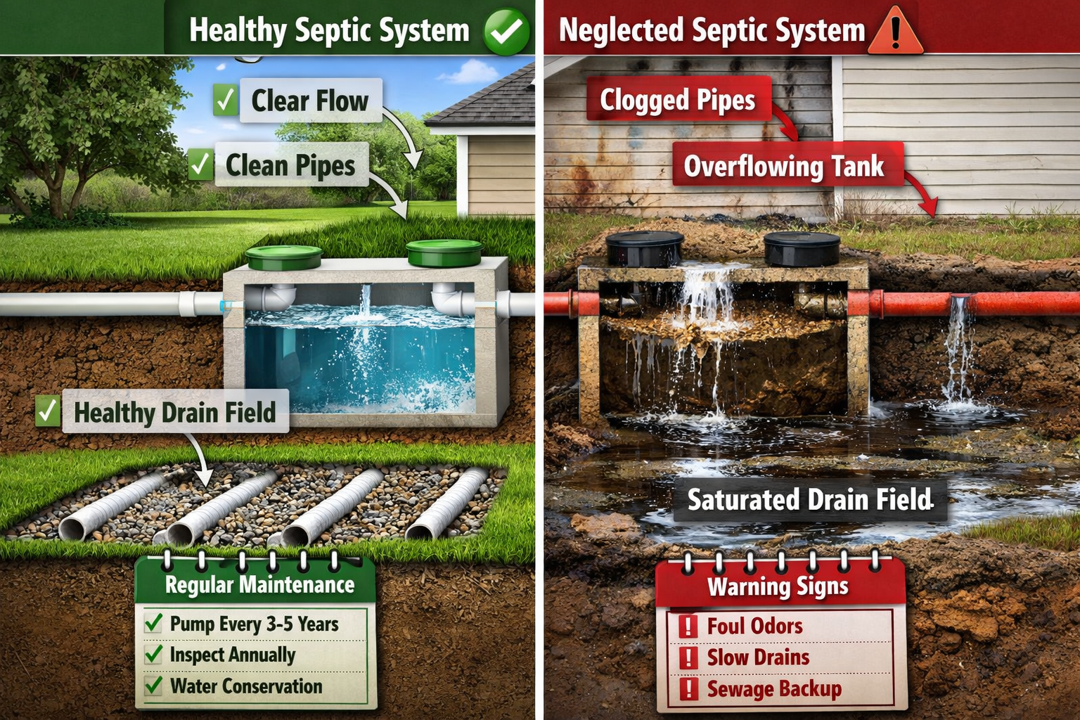 Portrait format (1024x1536) split-screen comparison showing well-maintained septic system on left with clear water flow, clean pipes, and he