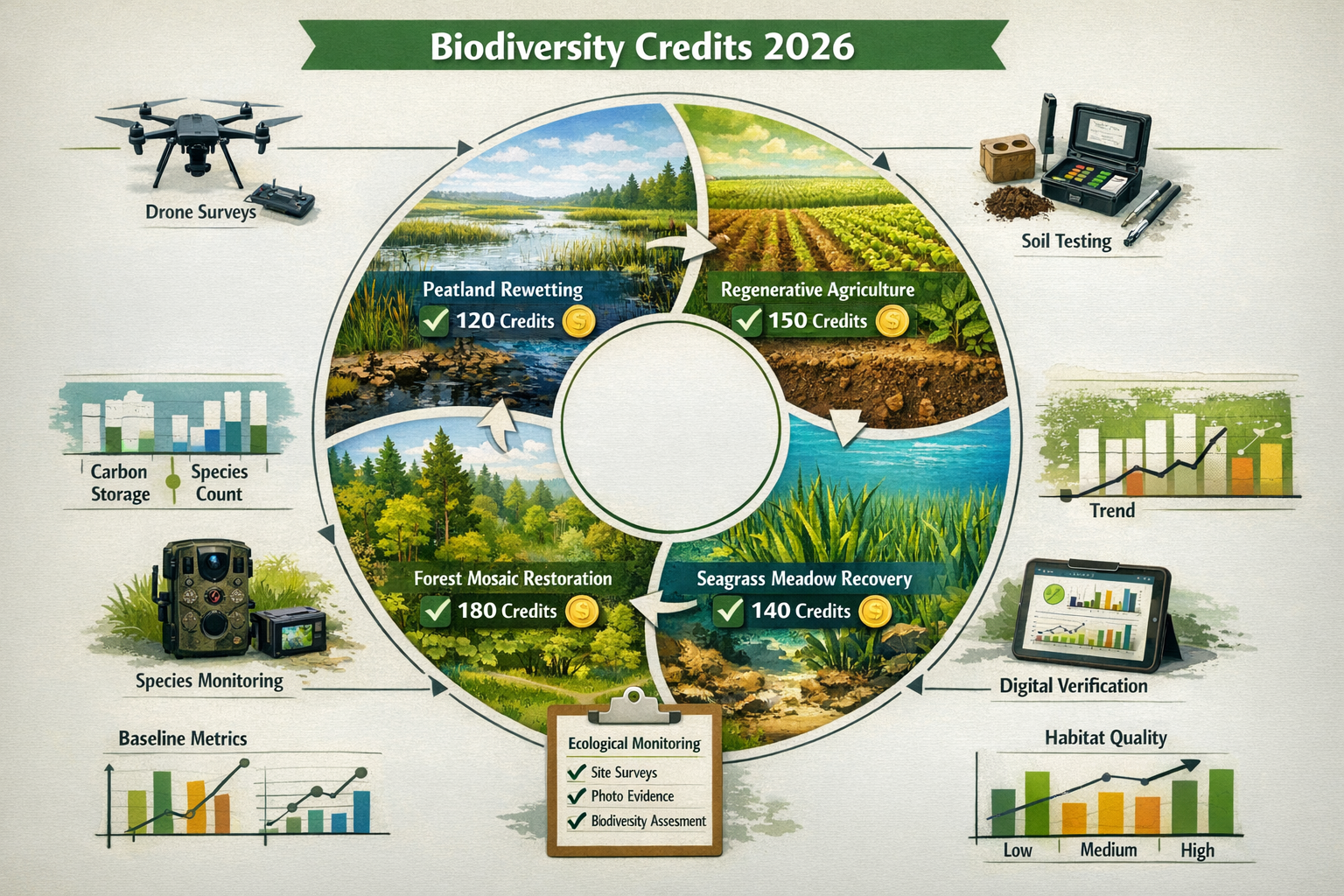 Detailed landscape format (1536x1024) illustration showing the circular restoration ecosystem for biodiversity credits in 2026. Central circ