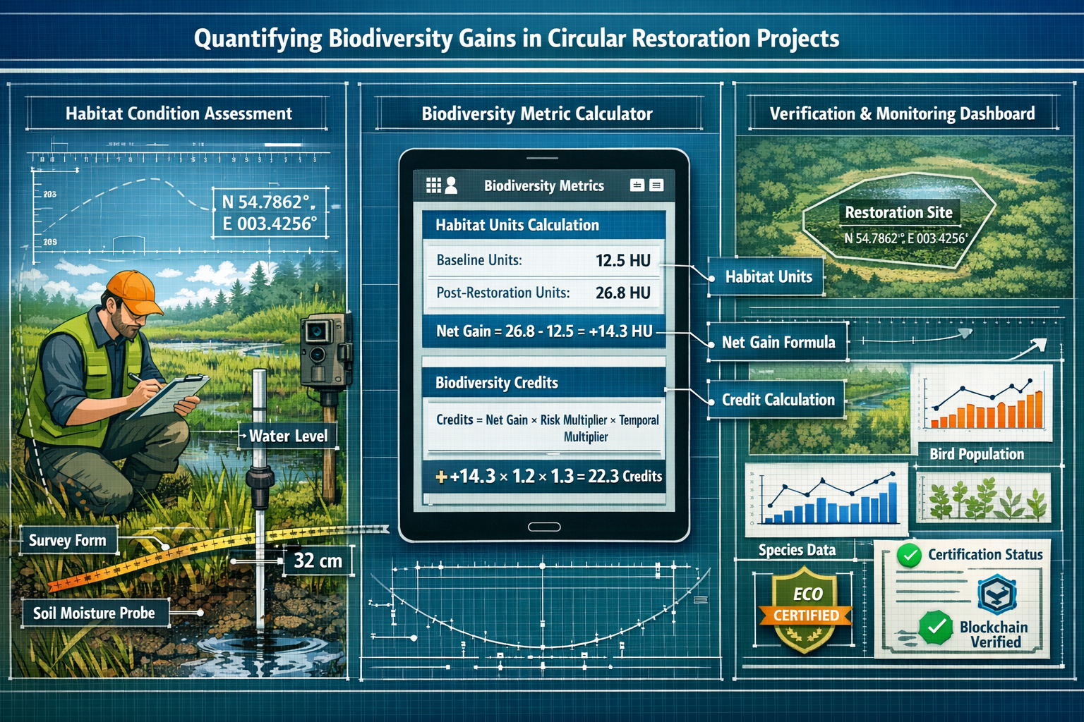 Detailed landscape format (1536x1024) technical illustration demonstrating surveyor field methodology for quantifying biodiversity gains in