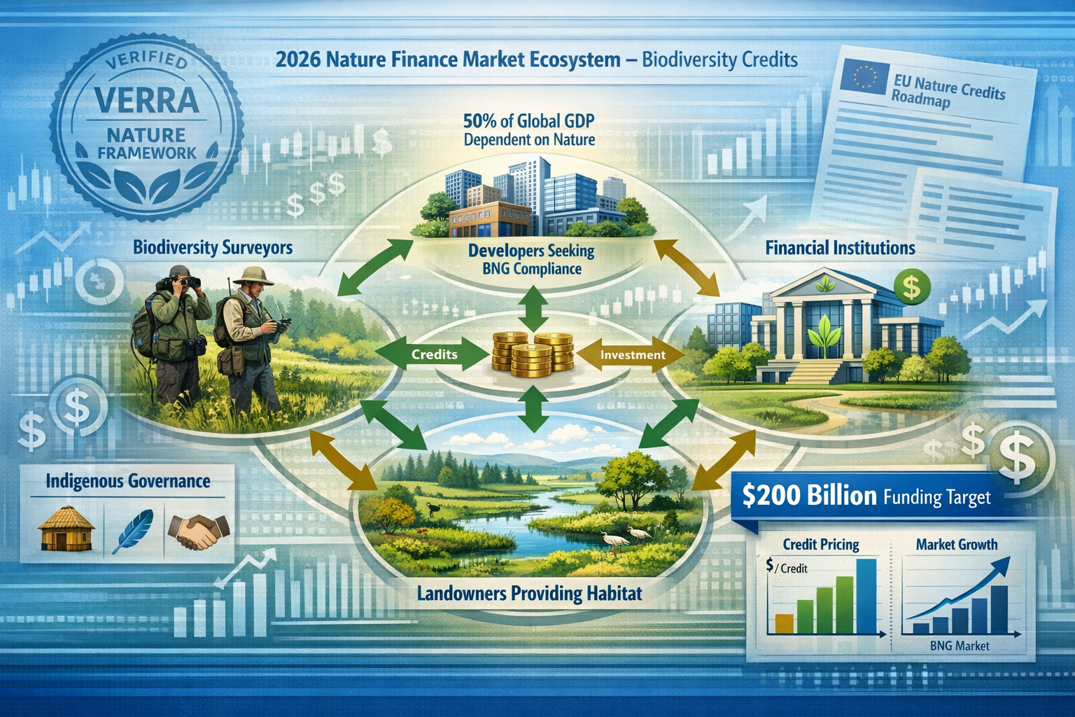Detailed landscape format (1536x1024) conceptual visualization of the 2026 nature finance market ecosystem for biodiversity credits. Center