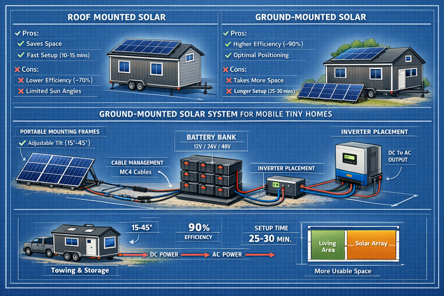 Landscape format (1536x1024) detailed technical diagram showing ground-mounted solar panel installation system with labeled components: port