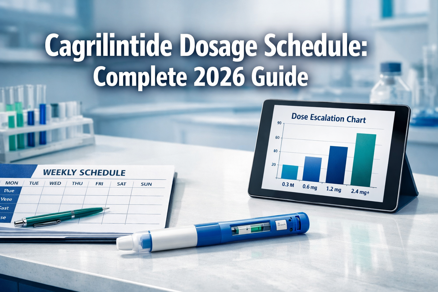 Professional landscape hero image (1536x1024) featuring bold text overlay 'Cagrilintide Dosage Schedule: Complete 2026 Guide' in extra large