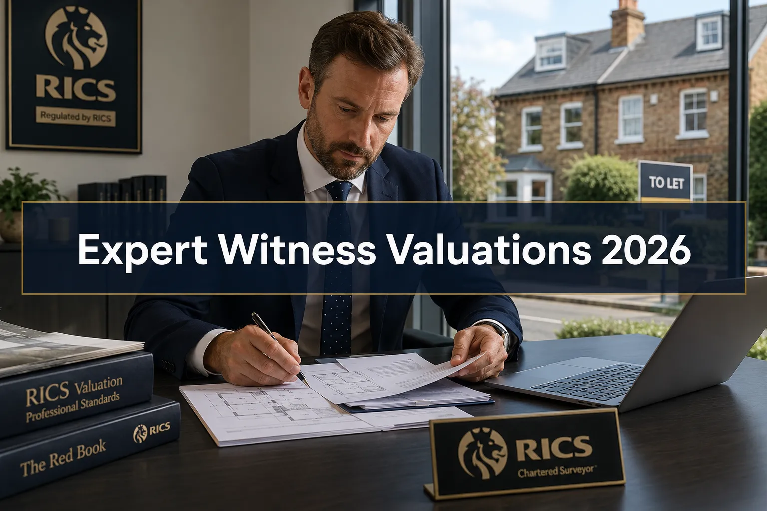 Professional () hero image with (≤42 chars): 'Expert Witness Valuations 2026' in crisp white on a deep navy semi-transparent