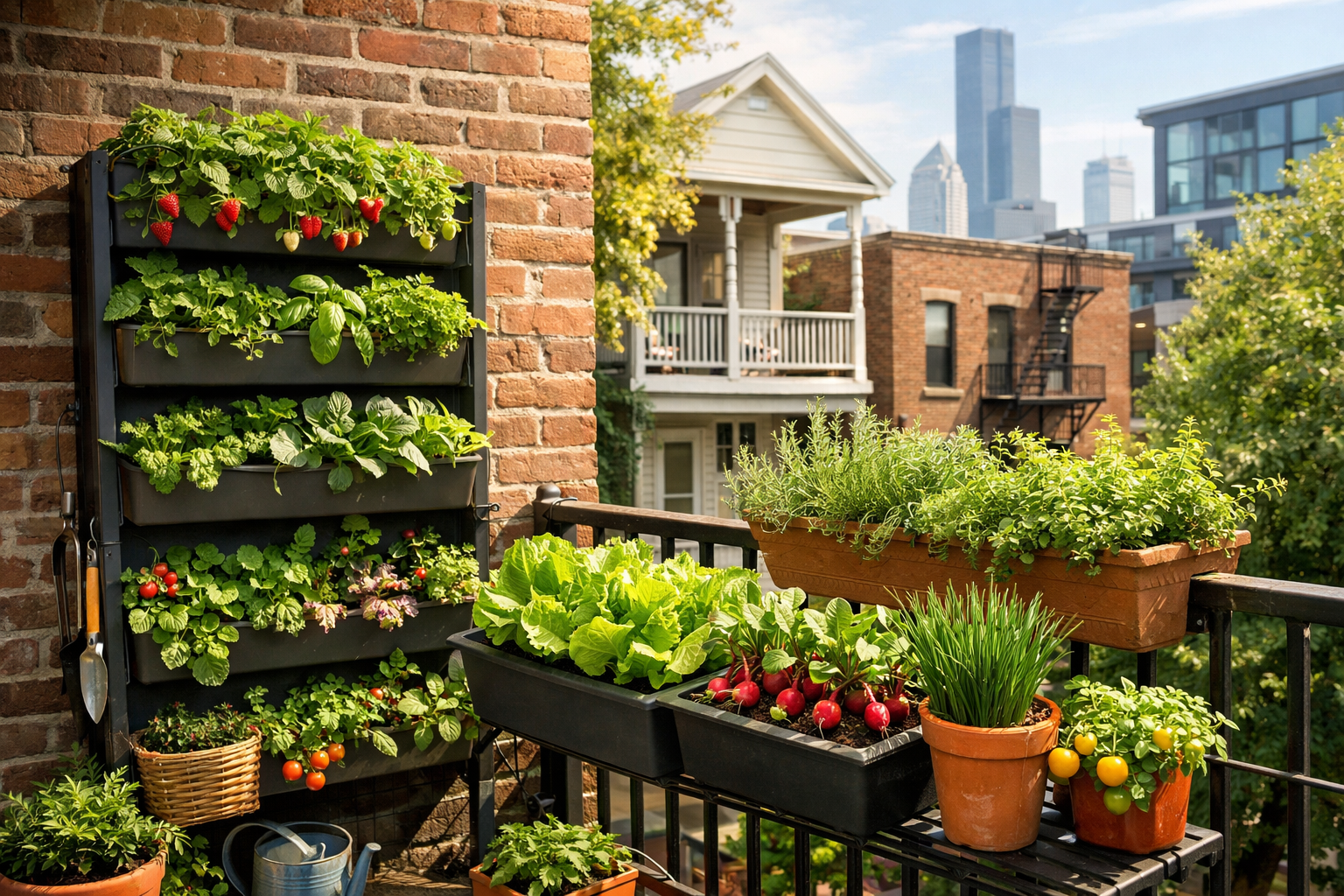 A detailed () image illustrating diverse small-space gardening techniques in an urban USA setting. The composition shows a