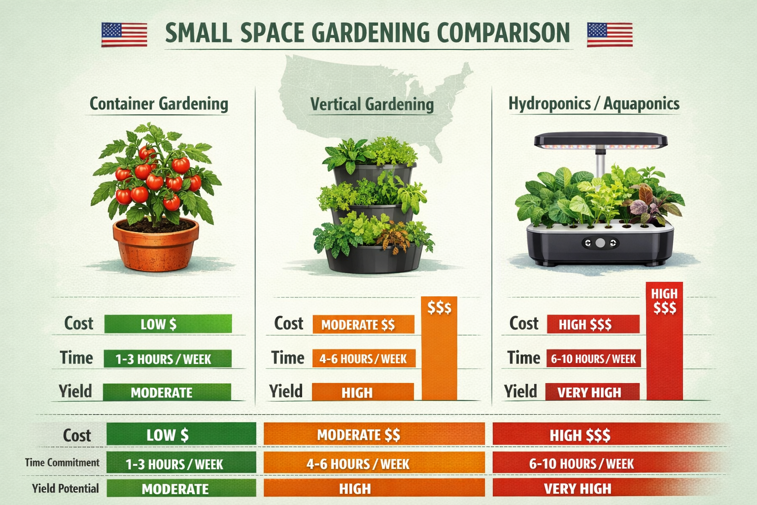 A visual comparison infographic in () detailing the costs, time commitment, and yield potential for three common small-space